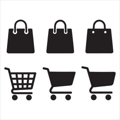 This image displays a collection of six black, minimalist icons related to shopping. The top row features three different styles of shopping bags. The bottom row presents three distinct shopping cart 