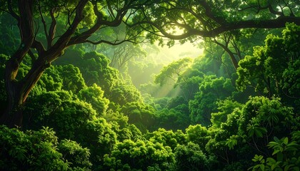 Obraz premium Lush green forest canopy with sunlight filtering through, creating a vibrant, natural, and serene atmosphere