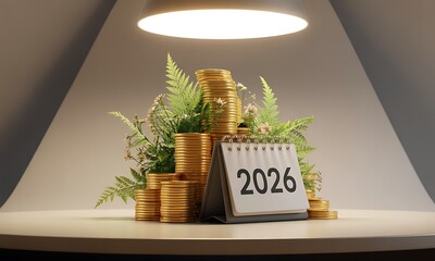 Stacked gold coins with green foliage and 2026 desk calendar under warm light, ideal for illustrating future financial growth and investment planning concepts