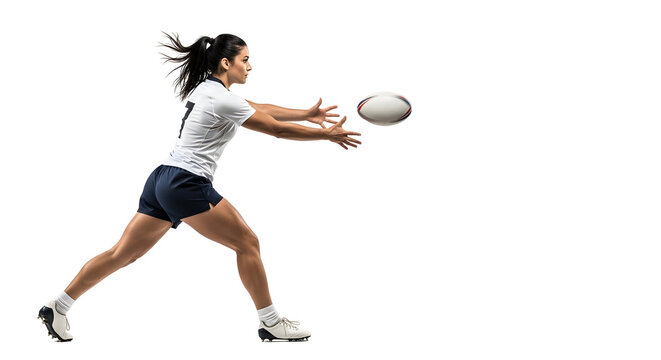 Woman athlete in midair catching a rugby ball.