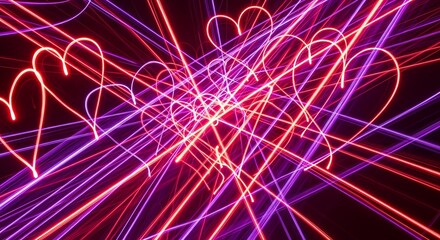 Vibrant neon heart lights create a dynamic, abstract pattern perfect for romantic celebrations and modern design projects