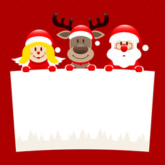 Engel Rentier Und Weihnachtsmann Halten Schild Punkte Rot