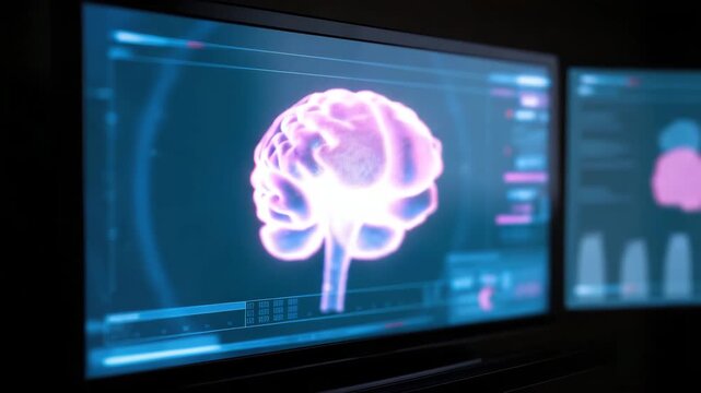 Digital brain scan medical technology neuroscience brain imaging futuristic interface holographic display glowing brain data analysis scientific research technology screen neural network healthcare - Powered by Adobe