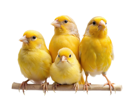 A cheerful gathering of four yellow canaries perched on a wooden branch