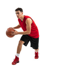 Young basketball player dribbling a ball with intense focus.