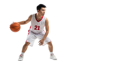 Young basketball player dribbling ball with intense focus on white background.