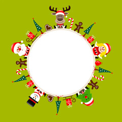 Runder Rahmen Weihnachtsmann Rentier Engel Baum Und Schneemann Hellgrün