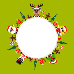 Runder Rahmen Weihnachtsmann Rentier Engel Baum Und Schneemann Sonnenbrille Hellgrün