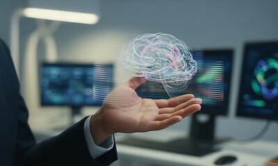 Businessman holding holographic brain with neural network visualizations, ideal for illustrating artificial intelligence innovation and advanced technology concepts
