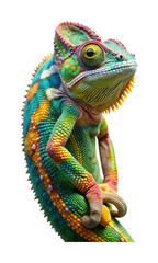 Fototapeta premium Colorful Chameleon Posing on a White Background, Detailed Exotic Reptile Image