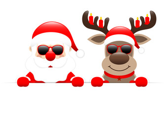 Weihnachtsmann Und Rentier Mit Kerzen Sonnenbrille Halten Horizontales Banner