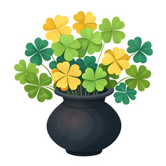 Vase with a bouquet of lucky fourleaf clovers isolated on transparent background