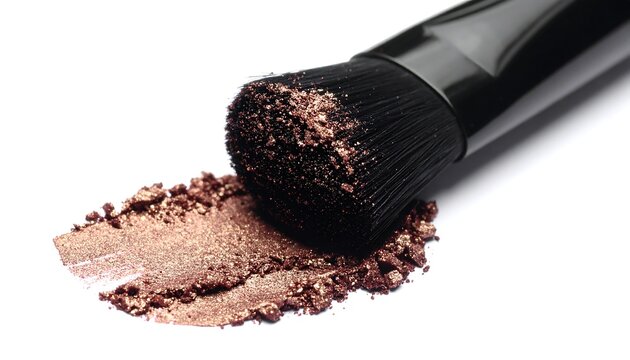 A makeup brush sits atop a swipe of bronze eyeshadow on a stark white surface, close-up, creating a beauty shot