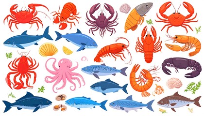 An array of colorful seafood illustrations featuring crab, lobster, octopus, shrimp, and fish on a white background