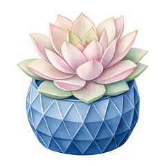 Watercolor succulent in a blue geometric pot isolated on transparent background