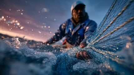 Fototapeta premium Dramatic image of a fisherman pulling a net from the ocean at sunset creating a captivating scene