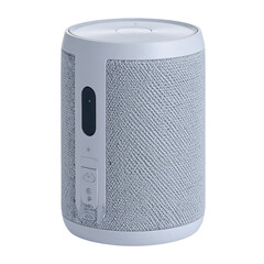 Obraz premium Cylindrical, fabric-covered speaker. Controls are visible on a side panel, white top and bottom