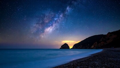 Night scene dark blue ocean, rocky shore, starry sky, with a milky way band above a distant light-bathed peak