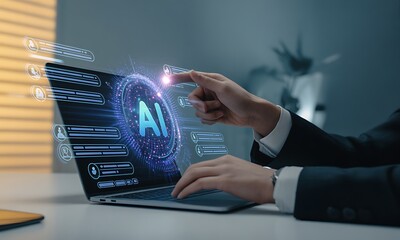 Business professional interacting with AI holographic interface on laptop, ideal for illustrating artificial intelligence technology in modern digital work environments