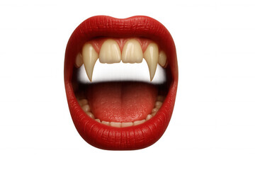 Naklejka premium Open mouth with sharp vampire fangs, red lips, concept for halloween, horror, supernatural, and fantasy themes
