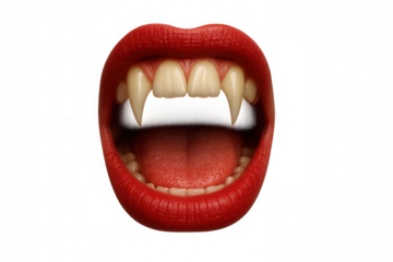 Open mouth with sharp vampire fangs, red lips, concept for halloween, horror, supernatural, and fantasy themes