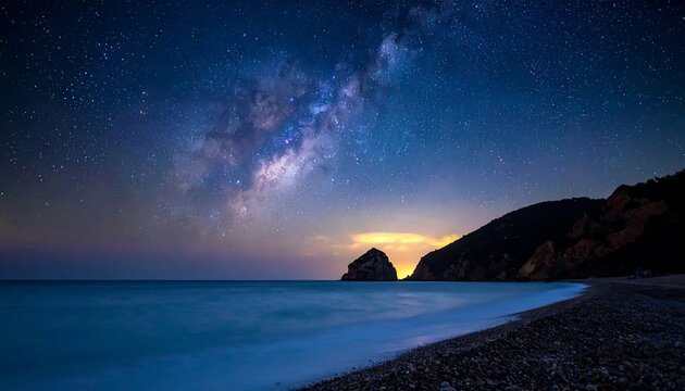 Night scene dark blue ocean, rocky shore, starry sky, with a milky way band above a distant light-bathed peak