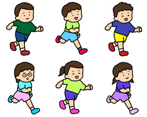 走るアジア人の子供たち　6人