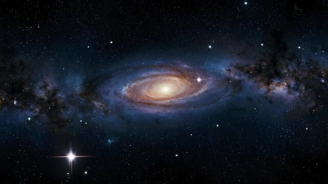 A swirling galaxy with a bright core surrounded by nebulas and a bright starburst