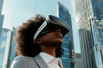 Generative AI image of confident young businessman in formal suit standing in cityscape background of modern skyline