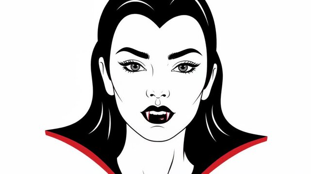 Captivating Vampire Portrait Stylized Illustration of a Mysterious and Elegant Female Vampire with Fangs and Classic Hairstyle against a Clean White Background