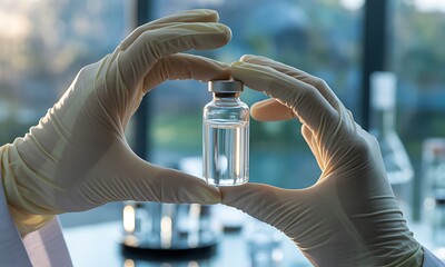 Scientist wearing sterile gloves holding clear glass vial in laboratory, ideal for illustrating medical research, vaccine development, and pharmaceutical innovation