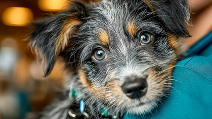 Cute puppy with distinct fur pattern being held by a person in a cozy indoor environment
