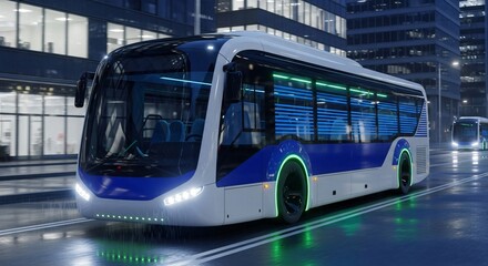 Modern electric bus drives through rain-slicked city streets at night