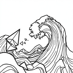 Minimilist paper boats sailing through a stylized ocean wave illustration in black and white line drawing style vector