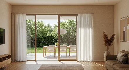 Fototapeta premium Sunlit Interior with Patio Dining: A Modern Minimalist Home Design Perspective