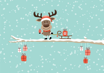 Rentier Mit Schlitten Auf Ast Schnee Türkis