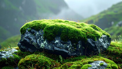 Moss-covered rock in misty mountains