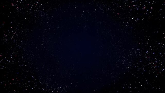 A central black void is framed by a neon-like ring and particle burst on a dark background