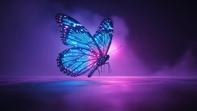 Digitally rendered blue butterfly with illuminated wings against a purple background