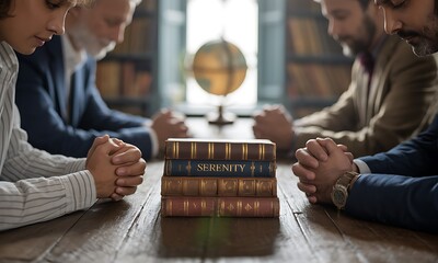 Stack of vintage leather-bound books with 'Serenity' text between clasped hands in formal meeting, ideal for illustrating negotiation, diplomacy, and intellectual collaboration