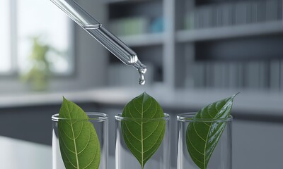 Close-up of laboratory dropper releasing liquid onto green leaf in test tube, ideal for illustrating scientific research, biotechnology, and sustainable innovation concepts