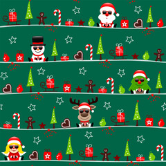 Endlosmuster Weihnachtsmann Schneemann Baum Rentier Und Engel Sonnenbrille Icons Dunkelgrün