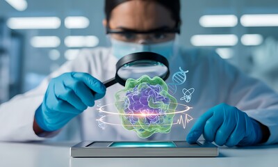 Scientist using digital tablet to examine 3D molecular structure hologram for biotechnology and pharmaceutical research visualization