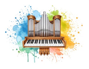 Illustrative organ on watercolor splotches; wood frame, white pipes, keys. Musical, expressive, vibrant and colorful