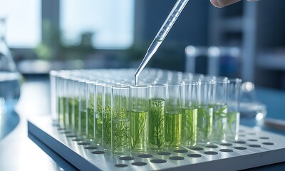 Close-up of pipette adding liquid to green plant samples in test tubes, ideal for illustrating biotechnology, plant research, and sustainable scientific innovation