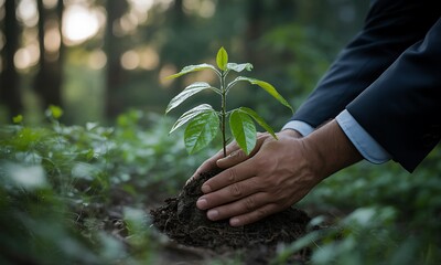 Close-up of hands in formal suit planting young green sapling in forest soil, ideal for promoting environmental conservation and corporate sustainability initiatives