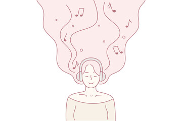 Listening to favourite mesic and freedom concept. Young smiling woman with long red hair in headphones listening to music with eyes closed vector illustration