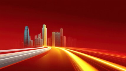 Futuristic cityscape skyscraper skyline illuminated with glowing light trails on modern urban road at night showcasing speed architecture technology transportation motion perspective digital abstract - Powered by Adobe