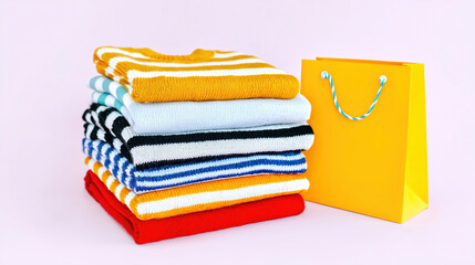 Colorful sweaters stacked with a shopping bag on a pink background during a seasonal sale event