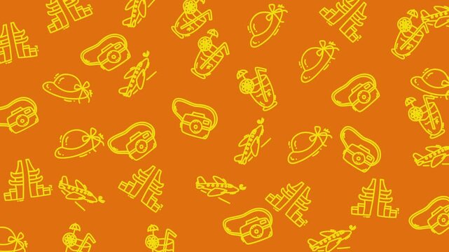 Repeating pattern of avocado airplane hat and temple silhouettes suitable for travel themed designs, scrapbooking, textiles, and childrens products.